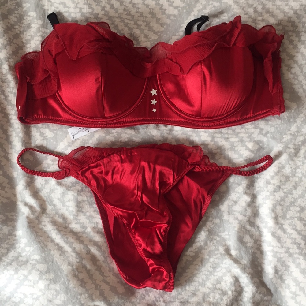 NWOT red silk ruffle bra and panty set